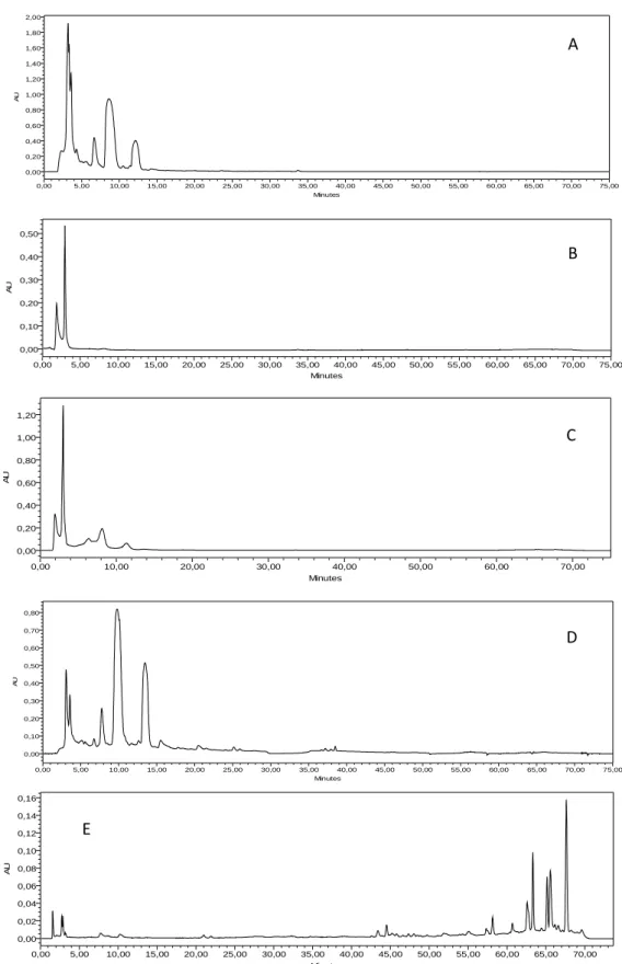 Figura 3: Análises do perfil cromatográfico por CLAE do extrato e das frações de Protium spruceanum