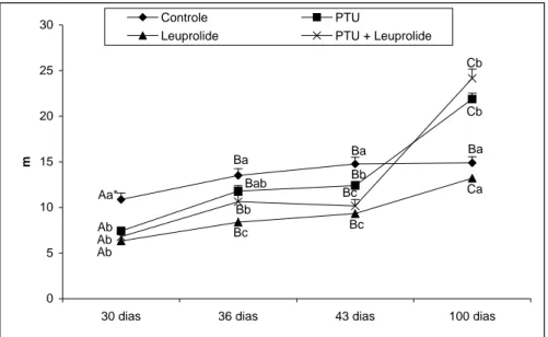 Figura  12.  Comprimento  total  de  túbulos  seminíferos  (m)  em  ratos  controles  e  tratados  no  período neonatal com PTU, leuprolide e PTU + leuprolide, e avaliados em diferentes idades