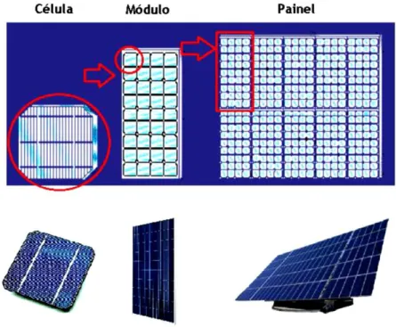Figura 2.4 - Processo hierarquizado de agrupamento: célula, módulo, painel fotovoltaico  (Benito, 2011).