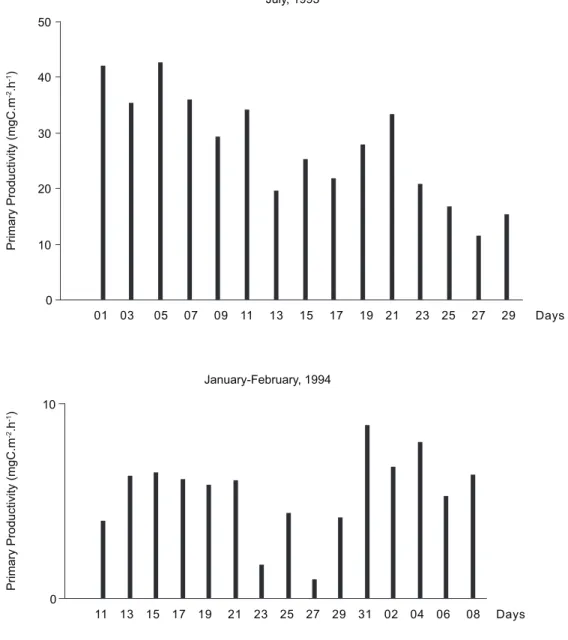 Fig. 7 — Short-term variability of the areal primary productivity during the dry (July 1993) and rainy seasons (January-Febru- (January-Febru-ary 1994) in the lacustrine zone of the Jurumirim Reservoir.