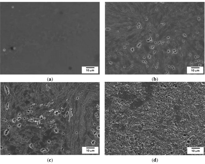 Figure  7.  SEM  micrographs  after  alkaline  etching  and  de-smutting  for:  (a)  commercial  AA1050;  (b)  unreinforced  Al-PM  alloy;  (c)  Al/1  vol%  SiC np ;  (d)  Al/5  vol%  SiC np ;    (e) Al/10 vol% SiC np 