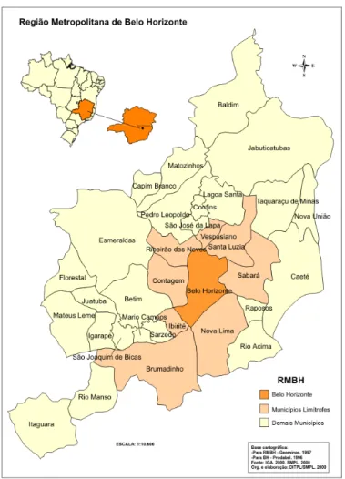 FIGURA 4.1 - Mapa da Região Metropolitana de Belo Horizonte  Fonte: SMPL 5  (2000 apud BHTRANS/GEMOB, 2010)