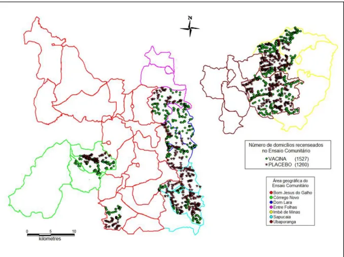 Figura 3: Distribuição geográfica dos domicílios recenseados nas 108 localidades pré- pré-selecionadas da microrregião de Caratinga para a realização do Ensaio comunitário,  2002-2007, segundo a área e o tipo de vacina