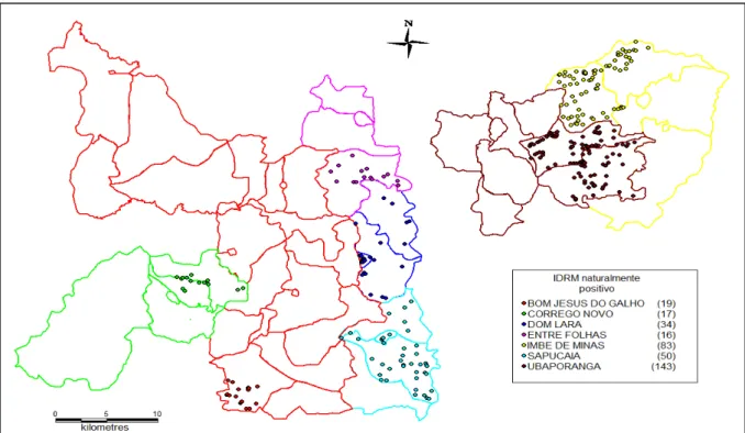 Figura 5: Distribuição geográfica dos indivíduos com IDRM naturalmente positiva  detectadas na fase de triagem do Ensaio Comunitário realizados na microrregião de Caratinga,  