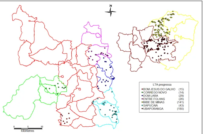 Figura 6: Distribuição espacial dos casos de leishmaniose tegumentar americana pregressa  detectados na população recenseada das áreas submetidas ao Ensaio Comunitário,  2002-2007