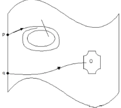 Figura 2.4: ω(p) ´e uma folha compacta; ω(q) ´e uma singularidade.