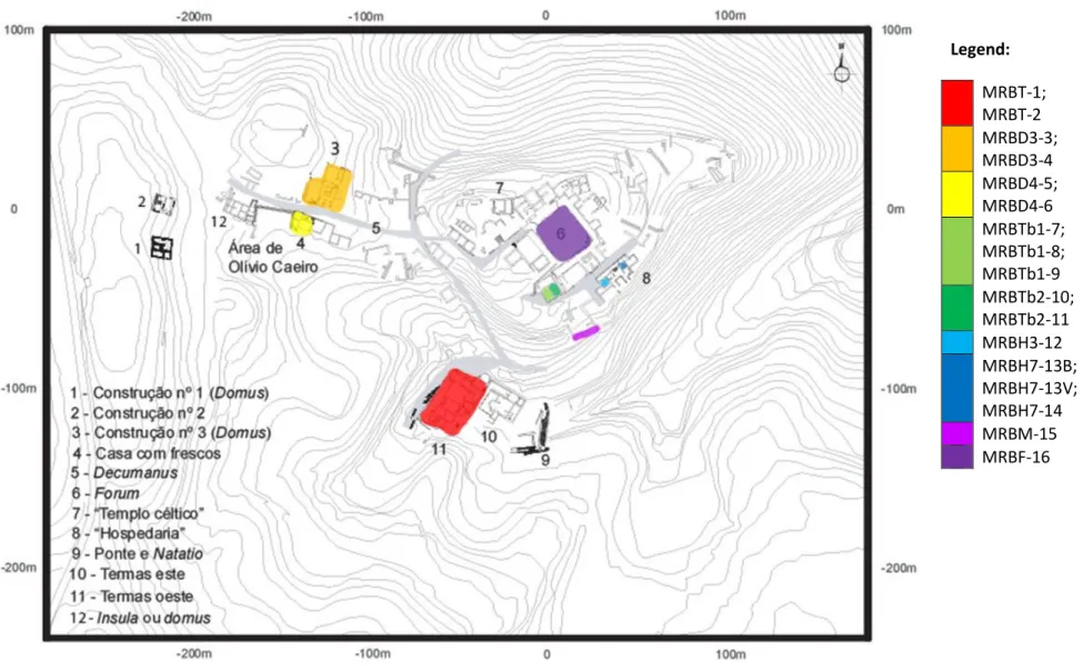 Figure 1.3. Location of the mortar samples in the general plan of the site (plan taken from Quaresma, 2012, p