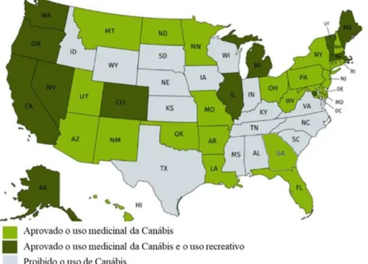 Figura 5 - Estado da descriminalização da canábis nos EUA (Adaptado de: Drug Science, 2019)