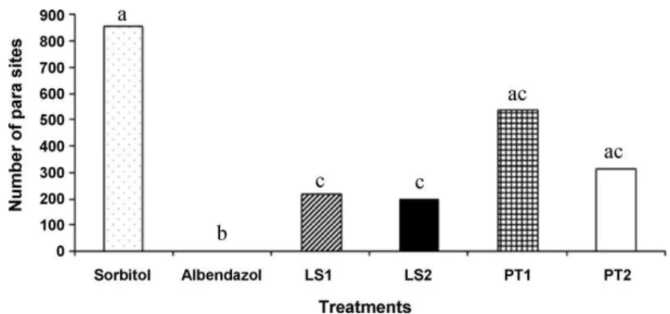 Fig. 4. Mean number of Strongyloides venezuelensis adult worms recovered from the initial third of intestine of rats treated with Lippia sidoides essential oil (LS1 – 150 mg kg −1 and LS2 – 250 mg kg −1 ) and Piper tuberculatum extract (PT1 – 150 mg kg −1 