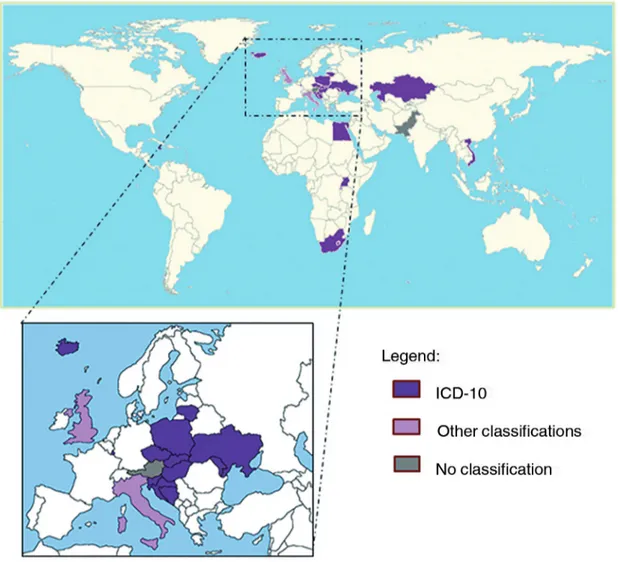 Figure 2.  The distribution of other classifications when ICPC was not adopted (with a magnified box showing European countries).