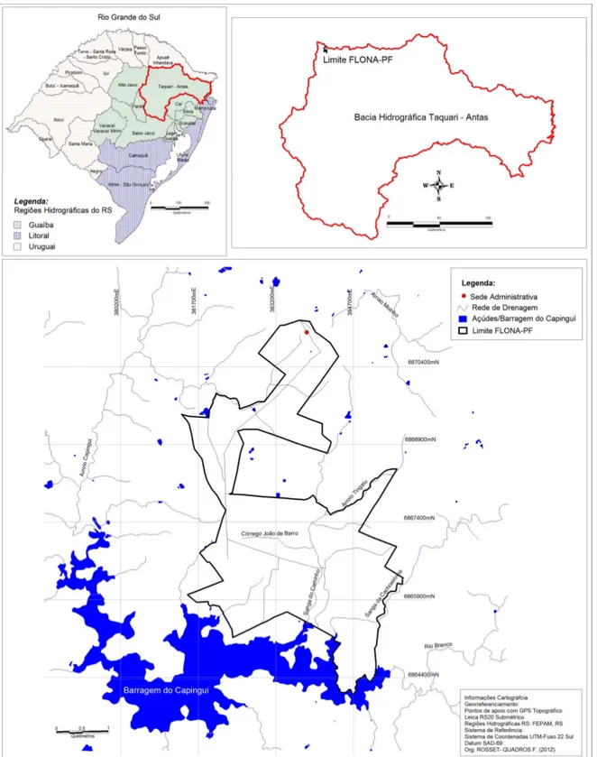 Figura 3 - Cartas temáticas da região hidrográfica do Guaíba (a), da bacia hidrográfica do Sistema  Taquari-Antas (b) e da rede de drenagem da FLONA-PF (Mato Castelhano, RS) (c)