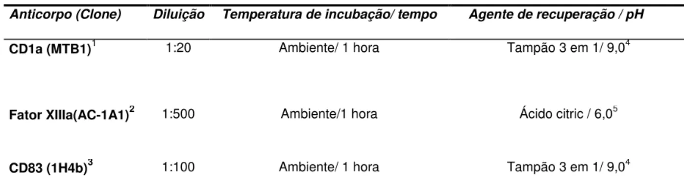 Tabela 2- Anticorpos primários utilizados, diluição, temperatura e tempo de incubação,  agente de recuperação antigênica