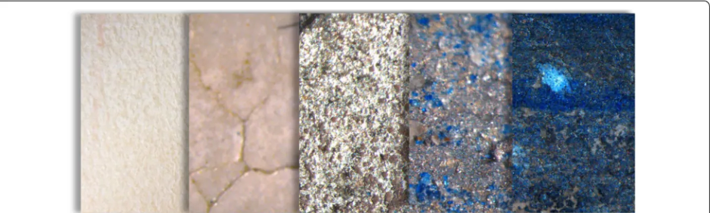 Fig. 2  Schematic reconstruction of a stratigraphy of a silver sky background: over the parchment, a ground is applied that is the base for silver; on  top of it, lapis lazuli is used to draw the clouds; indigo is used to shade the metal leaf