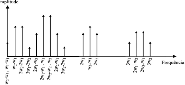 Fig. 8 Espectro de frequências da resposta não linear de 3ª ordem a dois tons de um PA