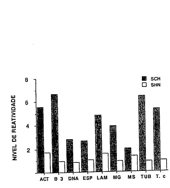 FIGURA  1  •  Reatlvidade  média  de  anticorpos  da  classe  lgG  contra  os  antigenos  do  painel