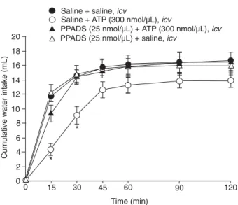 Figure 2. Cumulative water intake of 24-h water-deprived rats treated with icv injections of PPADS (25 nmol/μL) or saline combined with icv ATP (300 nmol/μL) or saline