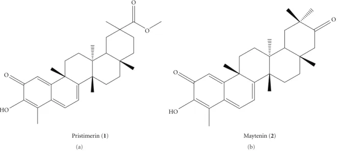 Figure 1: Structures of the isolated quinonemethide triterpenes from M. ilicifolia, pristimerin (1) and maytenin (2).