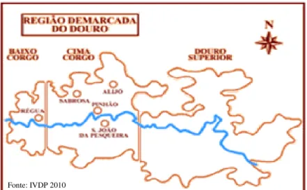 Figura 1 – Representação da Região Demarcada do Douro, dividida pelas três sub-regiões (Baixo corgo, Cima  Corgo e Douro Superior) 