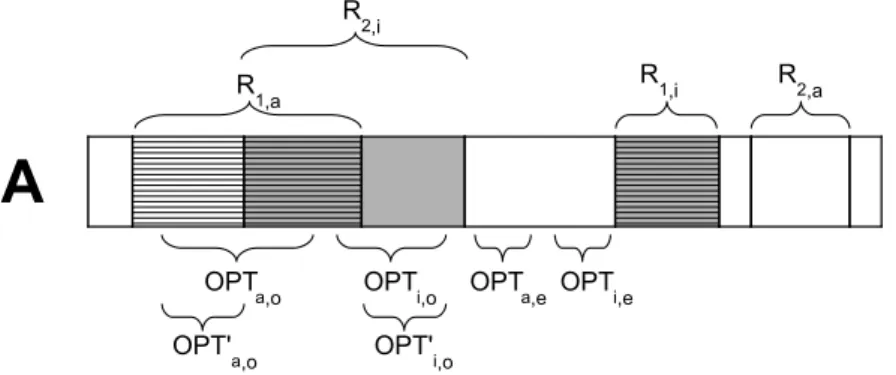 Figure 3 The input sequence A and the positions matched by solution R 1 (dashed) and by solution R 2 (in grey)