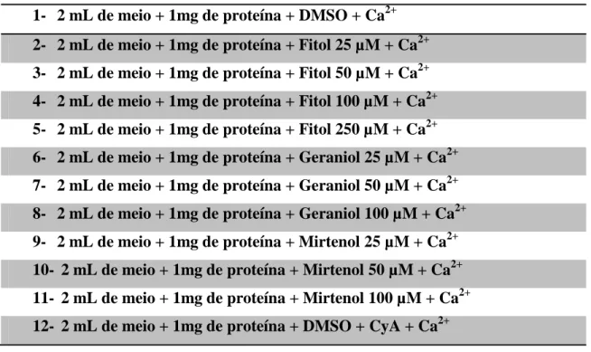 Tabela  5-  Ensaio  tipo  usado  na  determinação  de  fluxos  mitocondriais  de  Ca 2+   utilizando  a  sonda  de  Cálcium-green