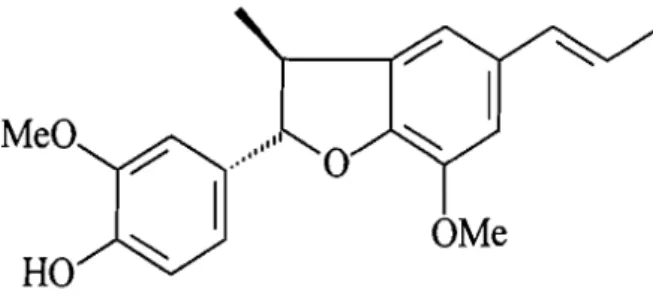 Fig. 3: Estrutura química da licarina A; [fenol, 4-[(2R,3R)-2,3-diidro-7-metoxi-3-metil-5-(1E)-1-propen- 4-[(2R,3R)-2,3-diidro-7-metoxi-3-metil-5-(1E)-1-propen-1-il-2-benzofuranil]-2-metoxi]