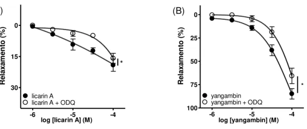 Fig.  9:  Efeito  vasodilatador  das  lignanas  licarina  A  (A)  e  yangambina  (B)  em  anéis  de  aorta,  com  endotélio funcional, pré-incubados ou não com ODQ (1,0 µM)