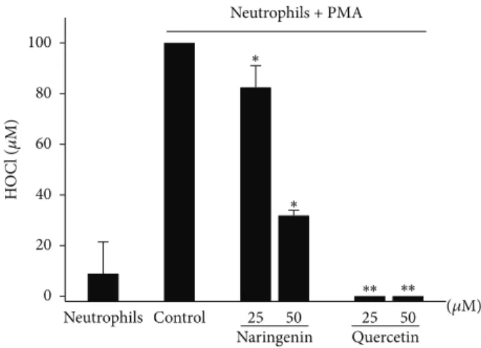 Figure 3: Effects of naringenin and quercetin on HOCl production by activated neutrophils