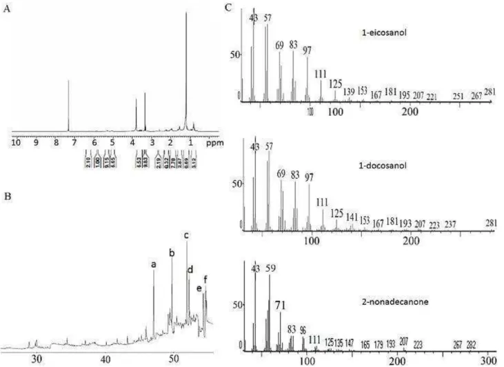 Figure 5. Analyses of CE chemical constituents. (A)  1 H NMR  spectrum depicted an intense broad singlet at  δ 1.2 and a deformed  triplet at δ 0.8 ppm; (B) GC of CE chloroform extract showing peaks a: 1-docosene, b: 1-eicosanol, c: 1-docosanol, d: 2-hepta