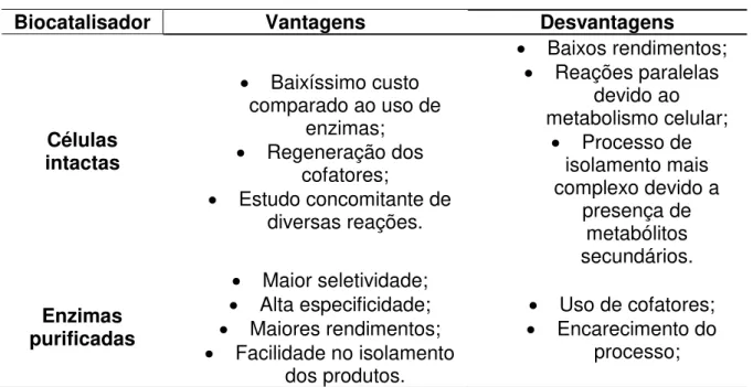 Tabela  1.1  –   Vantagens  e  desvantagens  do  uso  de  células  intactas  e  enzimas  purificadas  como  biocatalisadores 
