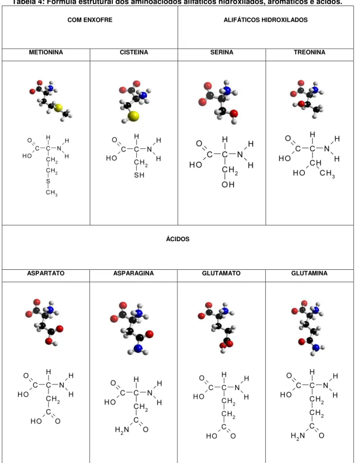 Tabela 4: Fórmula estrutural dos aminoáciodos alifáticos hidroxilados, aromáticos e ácidos