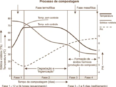 Figura  3.  Aspeto  geral  das  diferentes  fases  existentes  durante  o  processo  de  compostagem e principais alterações físico-químicas associadas (KIEHL, 1998)