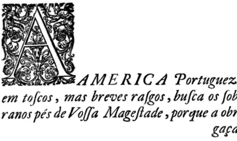 Figura 5: detalhe da página dedicatória da HAP de Rocha Pita: caligrafia ornamental com a  primeira letra fortemente adornada
