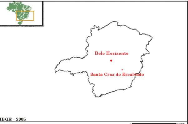 Figura 4:  Mapa do estado de Minas Gerais, indicando a posição do município de Santa   Cruz do  Escalvado em relação à capital, Belo Horizonte
