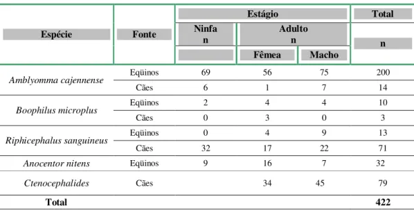 Tabela 3-  Distribuição  de  espécies  de  ectoparasitos  coletados  de  animais  domésticos  no  domicílio  e  peridomicílio  do  município  de  Santa  Cruz  do  Escalvado,  Minas  Gerais,  no  período  de  maio/2005 a março de 2006, de acordo com o estág