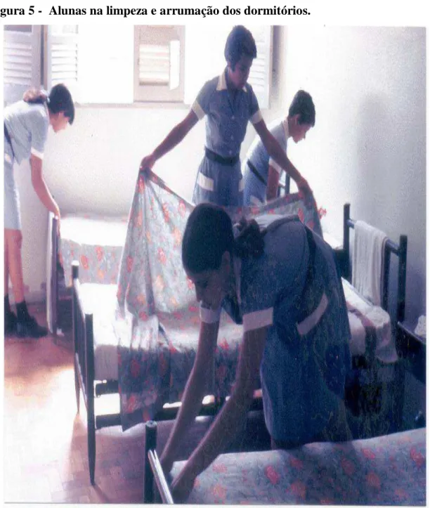 Figura 5 -  Alunas na limpeza e arrumação dos dormitórios. 