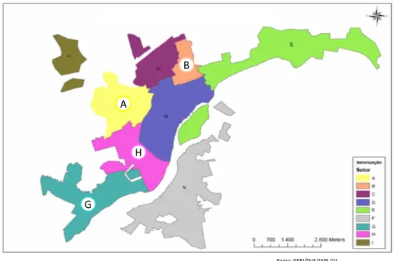 Figura 3: Distribuição dos bairros por setores (A a I) no município de Governador Valadares – MG