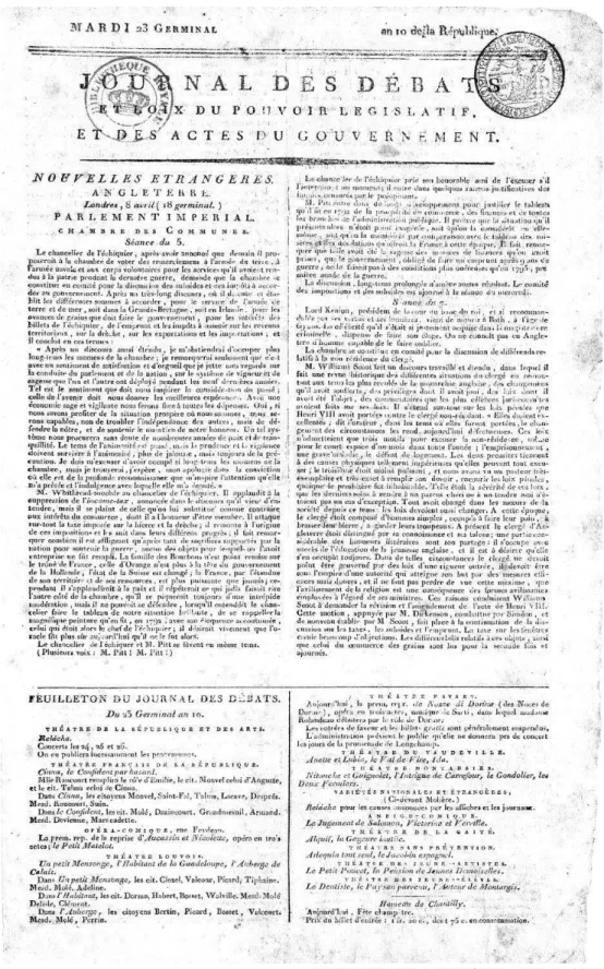 Fig. 1: Programa dos teatros na rubrica Feuilleton do Journal de Débats (13/04/1802) 