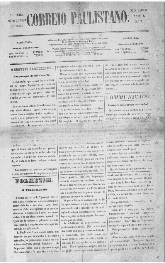 Fig. 12: A seção Telégrafo publicada no espaço folhetim do Correio Paulistano (27/06/1854) 