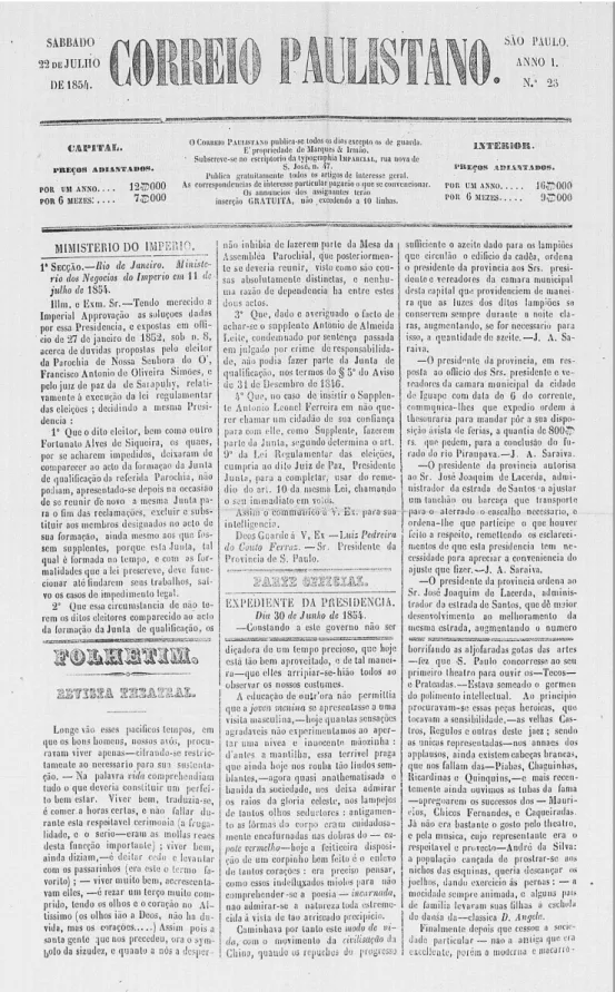 Fig. 13: A seção Revista Teatral também figurou no espaço folhetim do Correio Paulistano  (22/07/1854) 