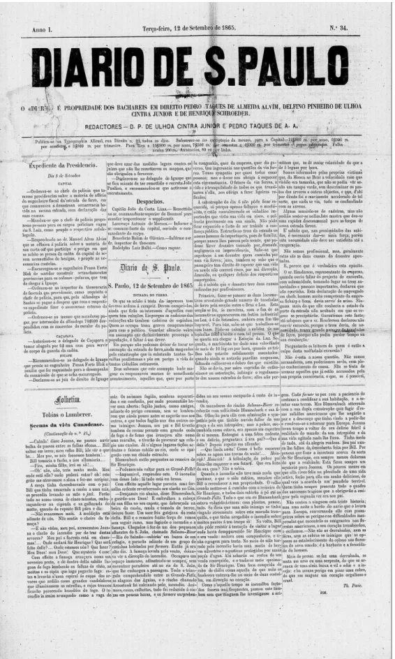 Fig.  14:  Edição  do  Diário  de  São  Paulo  (12/09/1865).  À  esquerda  no  rodapé,  presente  no  espaço  folhetim, Tobias, o lumberer, de Th