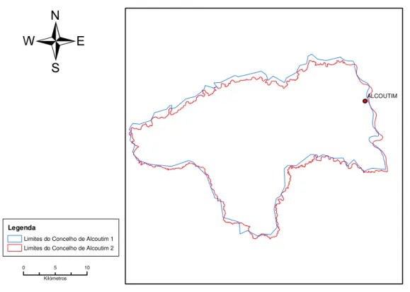 Figura 26 - Exemplo de utilização de cartas com escalas distintas (a vermelho 1:25 000 e a azul 1:1 000 000)  Fonte: imagem de autor, sobre Carta de Concelhos do Atlas do Ambiente (IAmb) à escala 1:1 000 000 