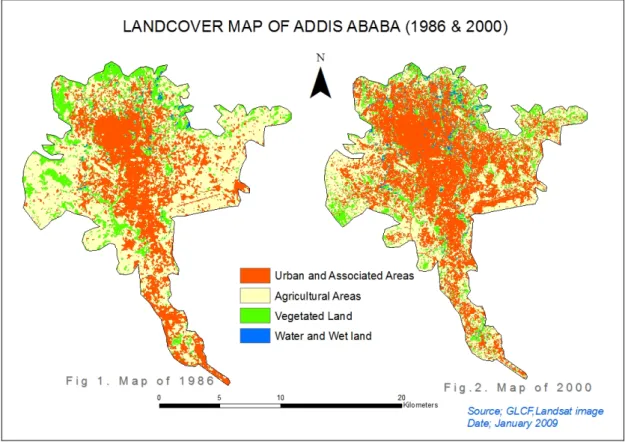 Fig. 4.1.  Landcover maps of Addis Abeba , 1986 and 2000, respectively 