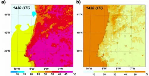 Figura 3.4: Comparação entre a observação e a simulação de (a) temperatura e (b) humidade relativa à 2 metros às 1430 UTC