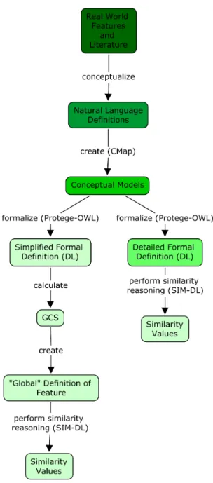 Figure 3.1: Flow chart showing the steps taken to arrive at the ’global’ level microtheory for each geographic feature