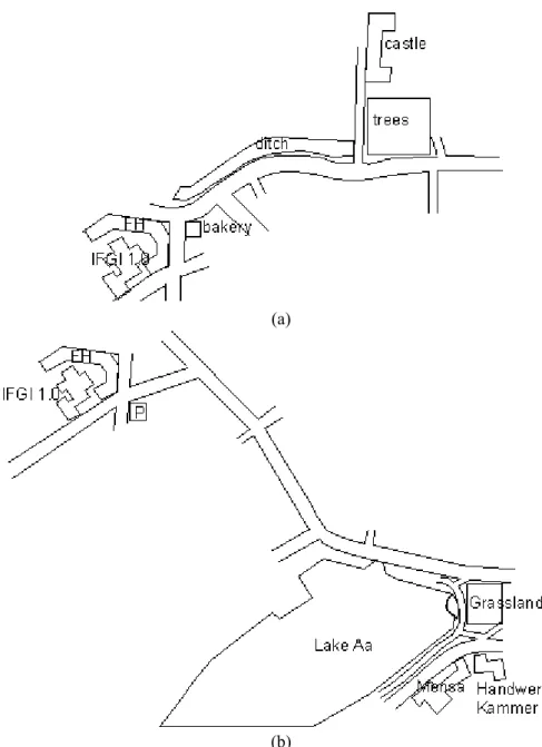 Figure 3.1: Real maps of both locations: (a) overview of the scene from castle to IFGI1.0 and (b) overview of the  scene from Mensa Aasee to IFGI 1.0.
