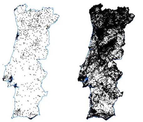 Figure 2.5 - Geospatial distribution of centroids for small data set (left) and final data set (right)