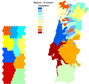 Figure 4.5 - Regions on rotated U-mat (left) and map (right) using k-means (10 regions) with linear  initialization and location attributes