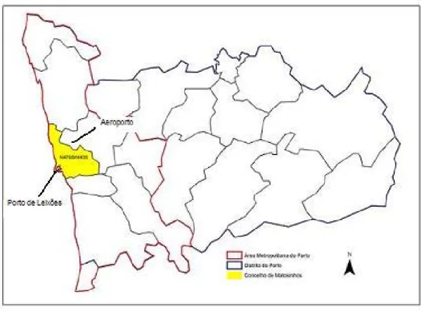 Figura 5 – Enquadramento do Concelho de Matosinhos na AMP e no Distrito do Porto (fonte: Atlas do  Ambiente) 