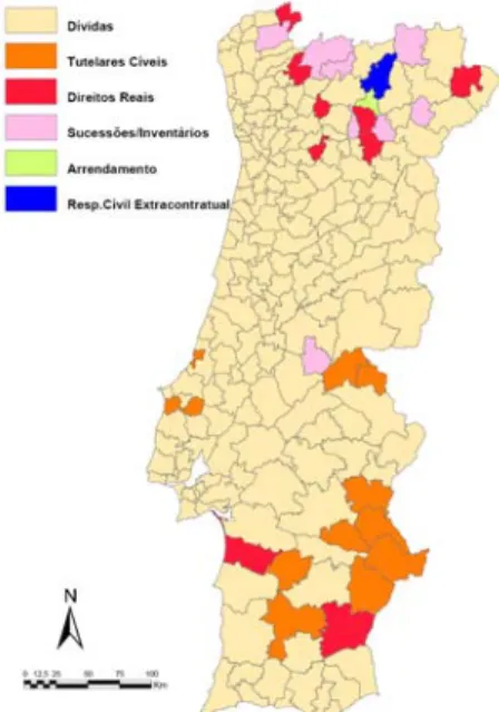 Figura 7. Prevalência do objecto de acção nas acções cíveis  declarativas por comarca: média 2000-2004 (Santos, 2006) 