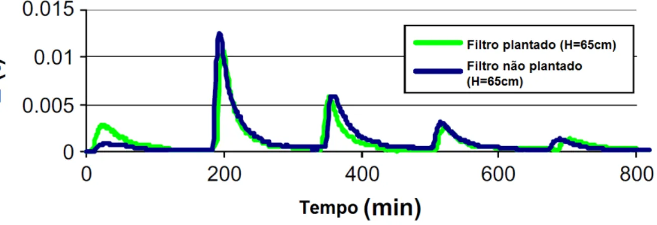 Figura 3.9: Curva DTR para filtros de areia de alimentação intermitente.  (Profundidade=65cm, TAH = 0,4m³/m²d e f = 8 bateladas/d)  Fonte: TORRENS et al